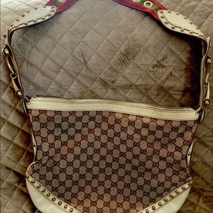 Auth. GUCCI Pelham Studded Hobo Bag Cream Leather
